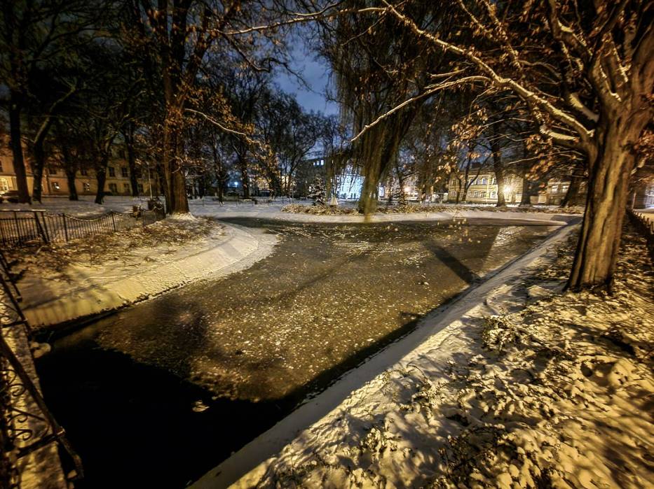Park przy placu Kościuszki w Lesznie zimą 2023