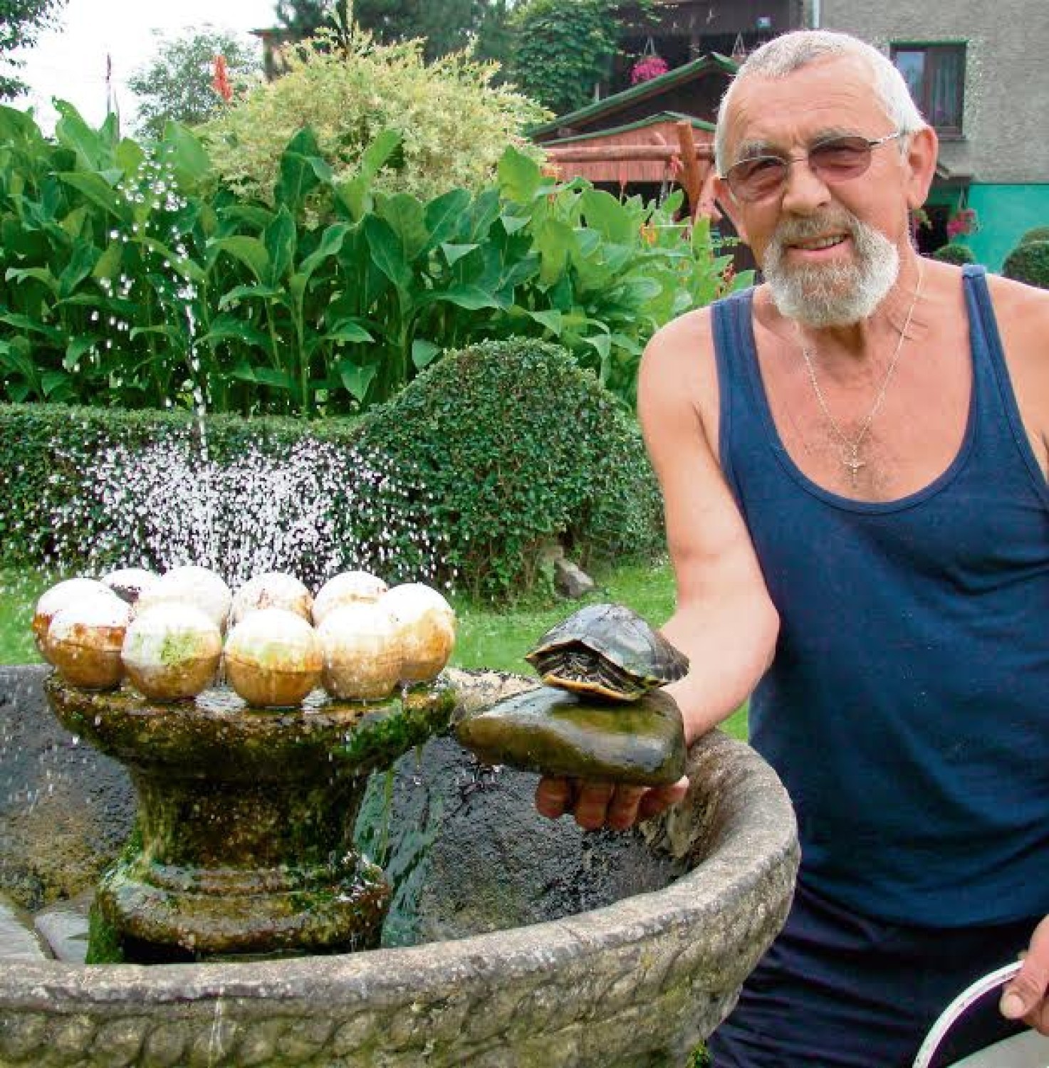 Wiesław Panońko w Roczynach w przydomowym ogródku hoduje nie tylko ptactwo wodne, ale także żółwia błotnego