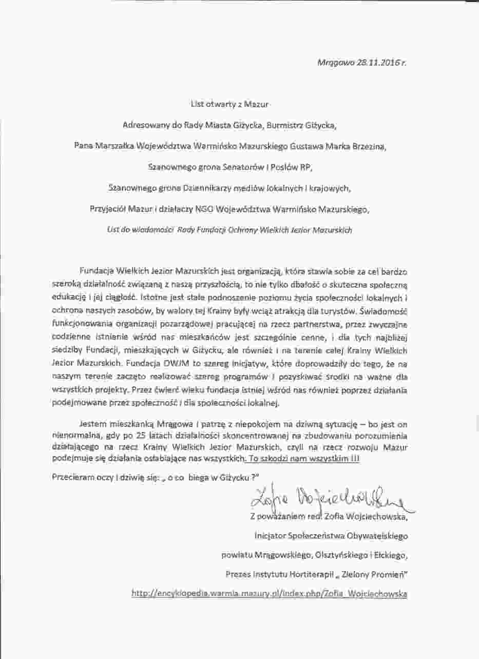 List otwarty z MazurAdresowany do Rady Miasta Giżycka, Burmistrz Giżycka, Pana Marszałka Województwa Warmińsko Mazurskiego Gustawa Marka Brzezina, Szanownego grona Senatorów i Posłów RP,Szanownego grona Dziennikarzy medi&oacut