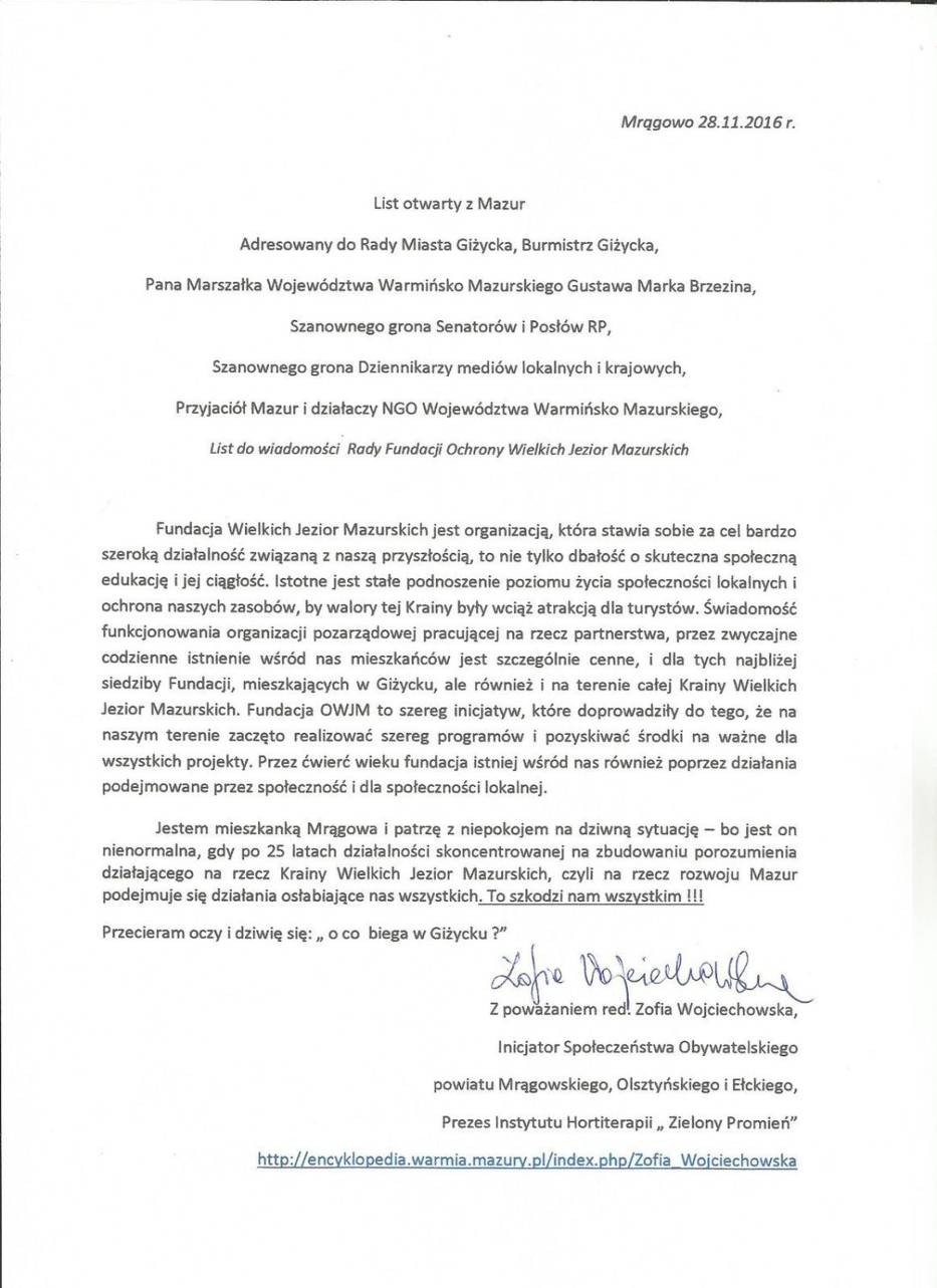 List otwarty z MazurAdresowany do Rady Miasta Giżycka, Burmistrz Giżycka, Pana Marszałka Województwa Warmińsko Mazurskiego Gustawa Marka Brzezina, Szanownego grona Senatorów i Posłów RP,Szanownego grona Dziennikarzy medi&oacut