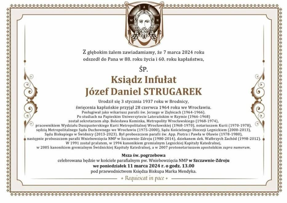 Nie żyje ksiądz infułat Józef Strugarek, duszpasterz i Honorowy Obywatel Szczawna-Zdroju