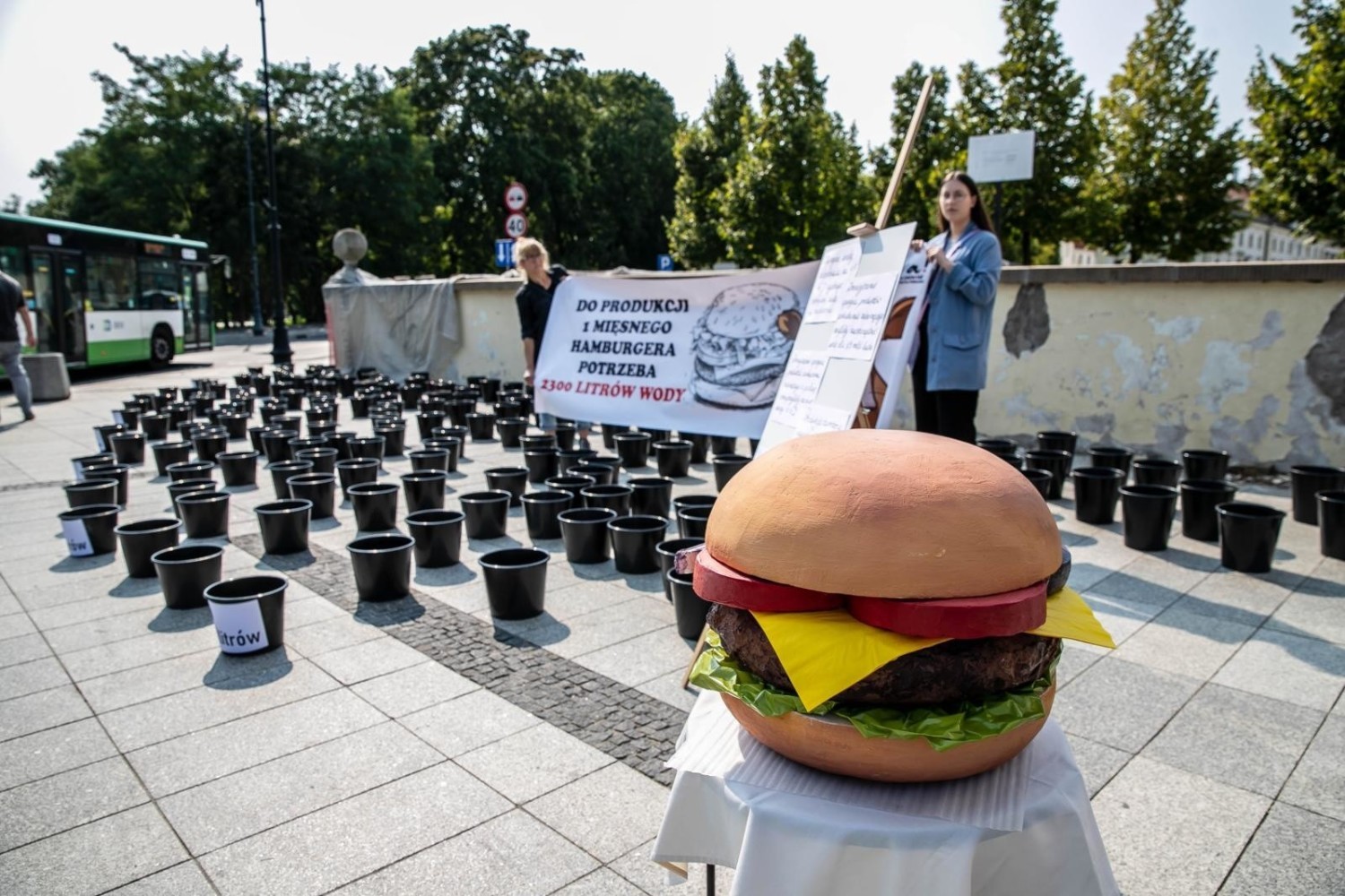 Na chodniku obok bramy pałacowej stanęły wiaderka i wielki burger