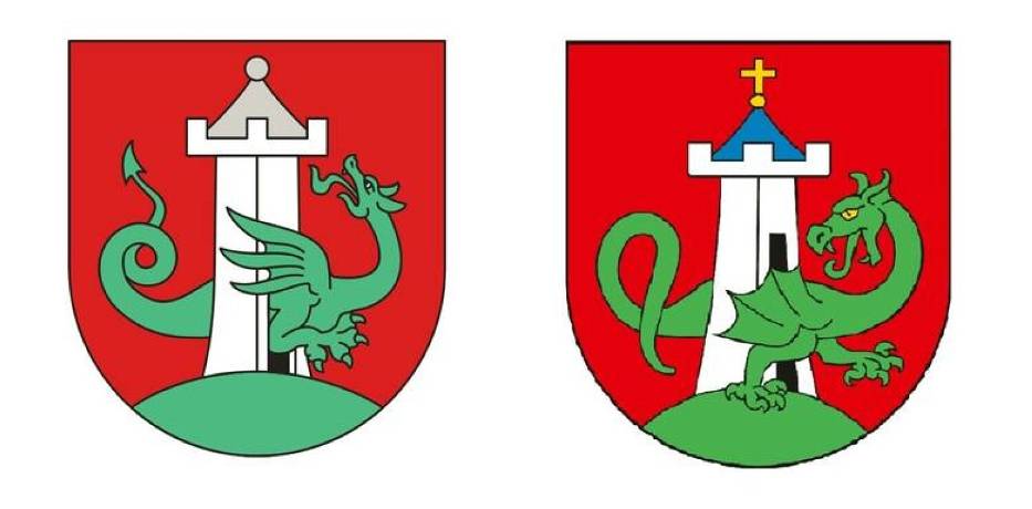 Po lewej herb po zmianie bez krzyża, po prawej - ostateczna wersja herbu, z krzyżem. 