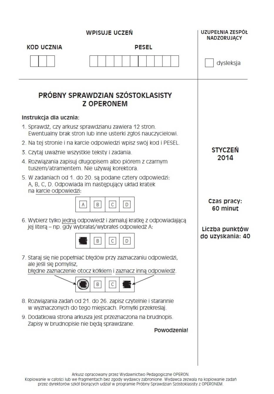Testy Operon Klasa 1 Podstawowa Próbny test szóstoklasisty 2014 z Operonem [ARKUSZ, ROZWIĄZANIA, KLUCZ