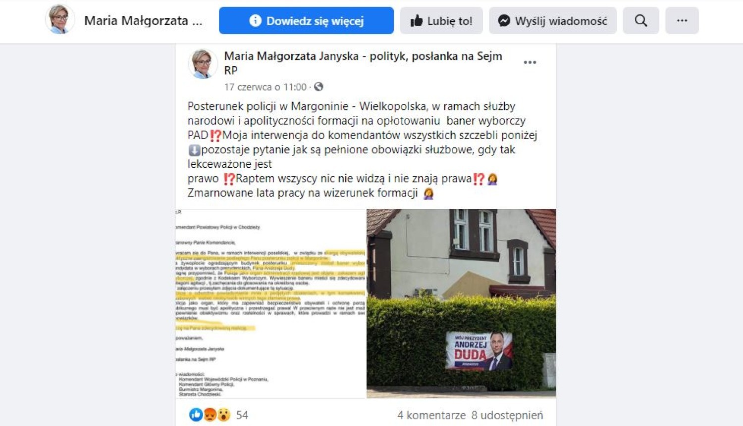 O interwencji w sprawie baneru wyborczego Maria Janyska informowała na swoim oficjalnym profilu na Facebooku