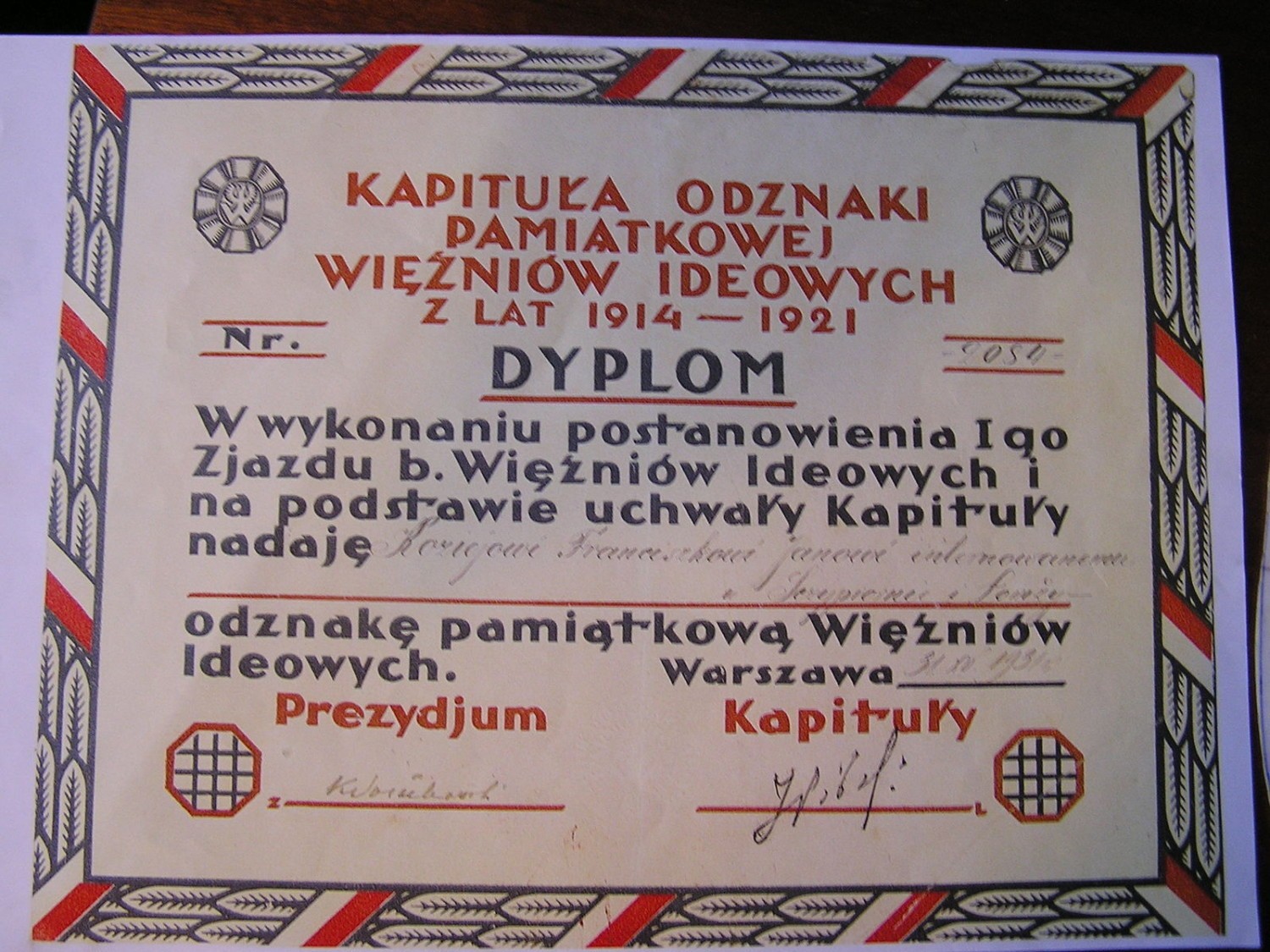 Dyplom nadania odznaki pamiątkowej więźniów ideowych