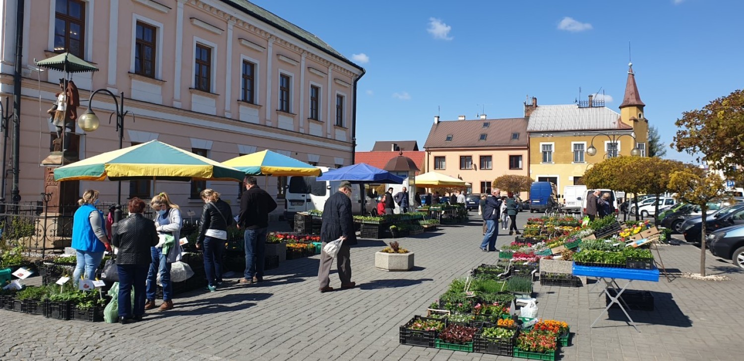 Sprzedający rozstawili swoje stragany obok tuchowskiego ratusza