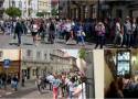 Tłum ludzi na spacerze szlakiem architektonicznych perełek Tarnowa. Zwiedzanie miasta i poznawanie jego zabytków budzi duże zainteresowanie