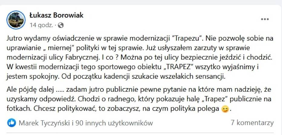 Post prezydenta Leszna Łukasza Borowiaka z 8 marca 2023 w sprawie remontu Trapezu