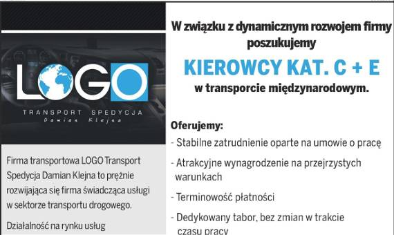 Kierowca kat. C+E w transporcie międzynarodowym - oferta pracy