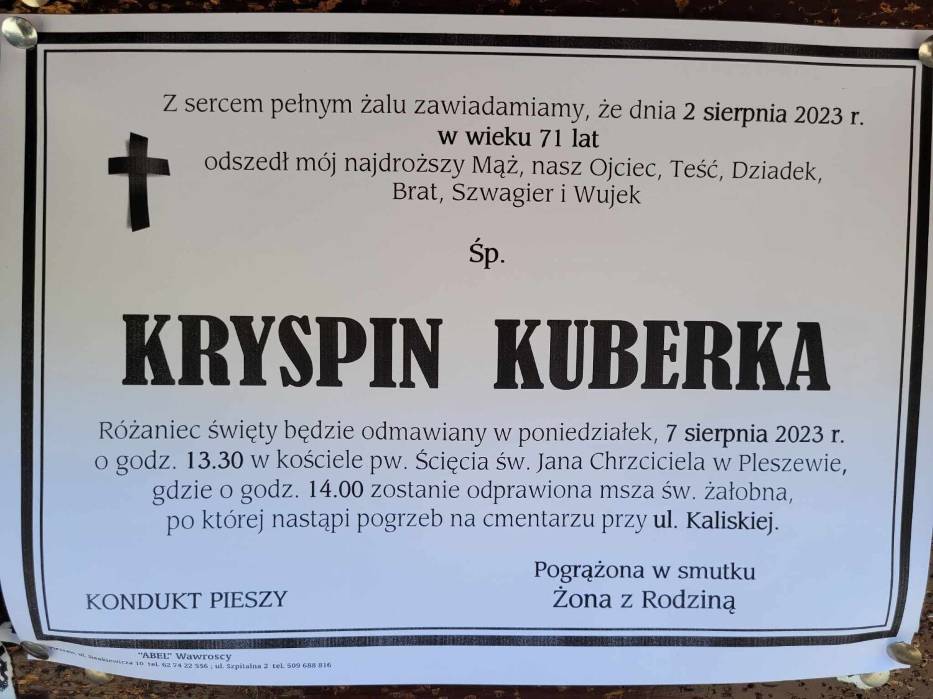 Zmarł Kryspin Kuberka z Pleszewa. Był zasłużonym działaczem Solidarności i współtwórcą Gazety Pleszewskiej oraz zasłużonym społecznikiem
