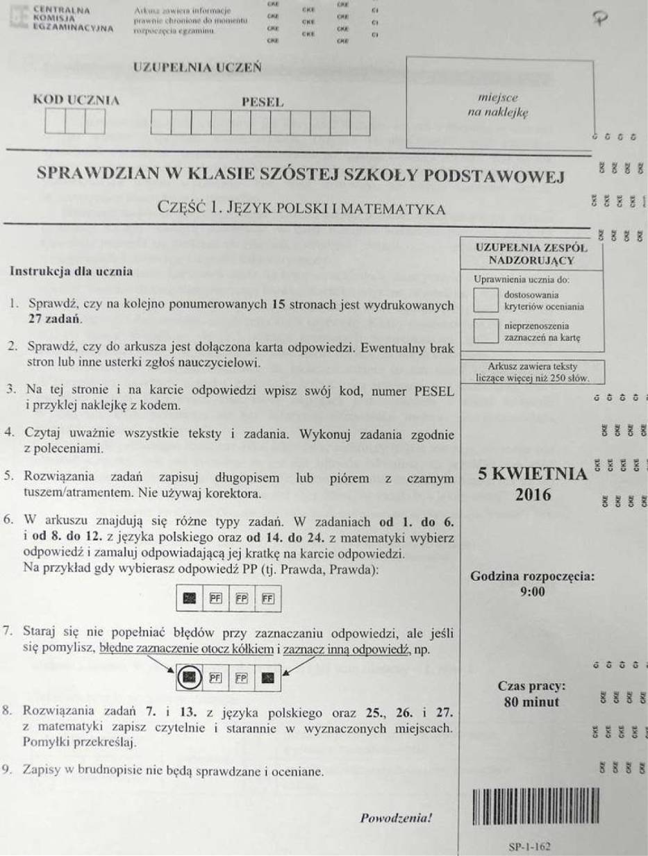 Sprawdzian szóstoklasisty 2016 [ARKUSZE, ODPOWIEDZI, matematyka, język