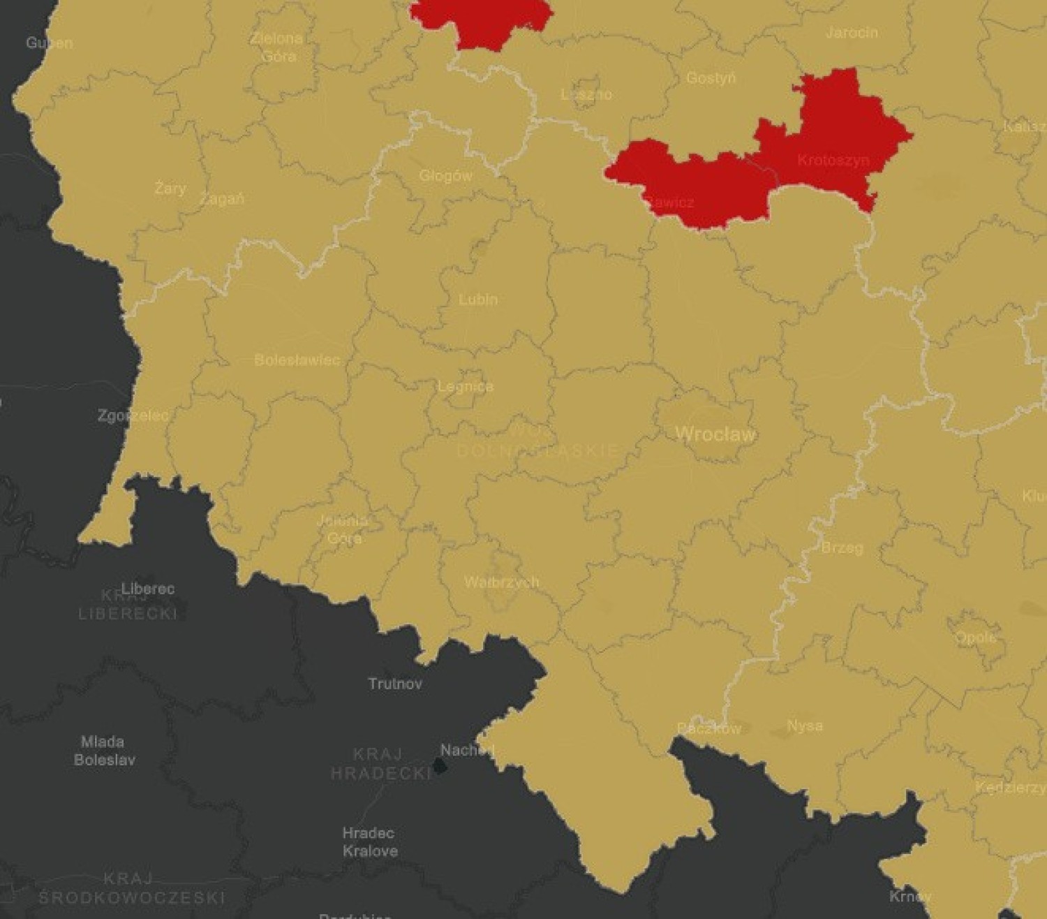 Województwo dolnośląskie Strefa czerwonabrakStrefa żółta- powiat jaworski- powiat kamiennogórski- powiat Wrocław- powiat Jelenia Góra- powiat dzierżoniowski- powiat głogowski- powiat zgorzelecki- powiat górowski- powiat złotoryjski- powiat Legnica- powiat jeleniogórski- powiat oleśnicki- powiat bolesławiecki- powiat kłodzki- powiat lubański- powiat wołowski- powiat wrocławski- powiat oławski- powiat polkowicki- powiat średzki- powiat milicki- powiat strzeliński- powiat świdnicki- powiat legnicki- powiat lubiński- powiat lwówecki- powiat wałbrzyski- powiat trzebnicki- powiat ząbkowicki- powiat Wałbrzych