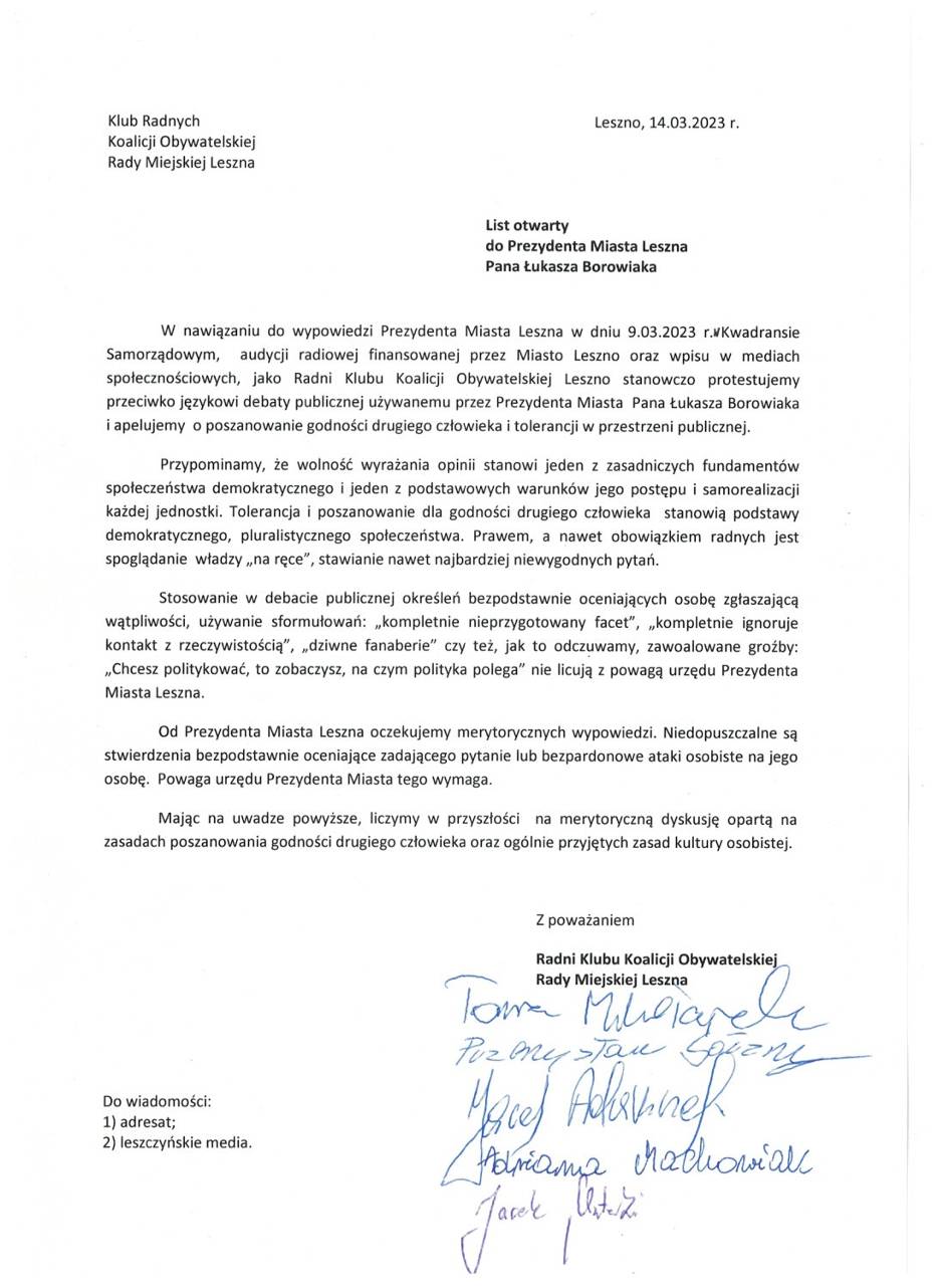 List otwarty do prezydenta Leszna