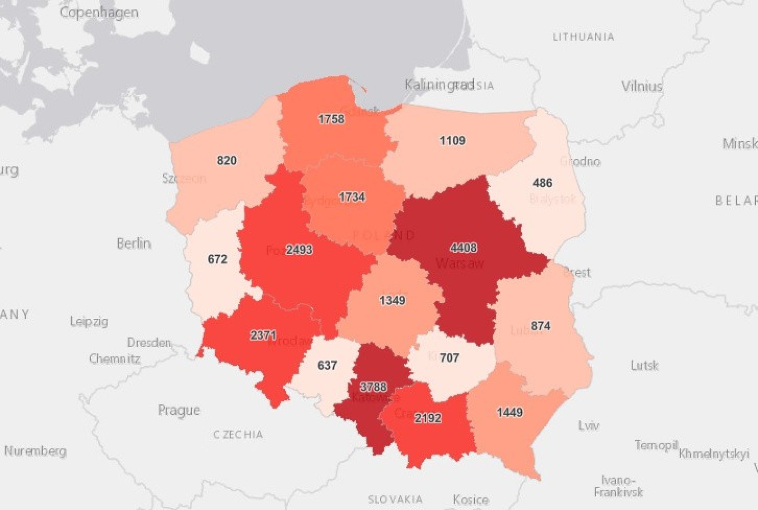 Liczba nowych przypadków koronawirusa SARS-CoV-2 w Polsce w poszczególnych województwach(dane z 18