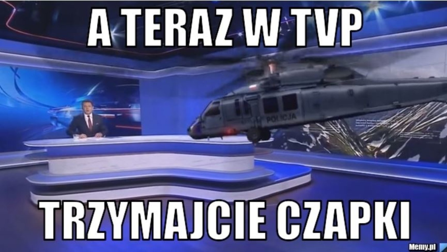 Helikopter w studiu Wiadomości TVP