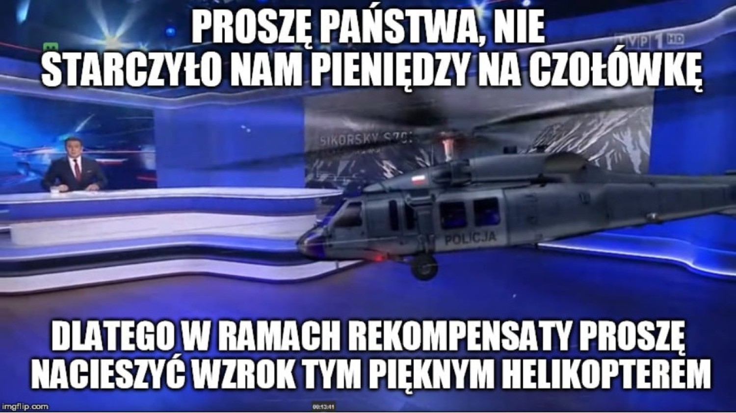 Helikopter w studiu Wiadomości TVP