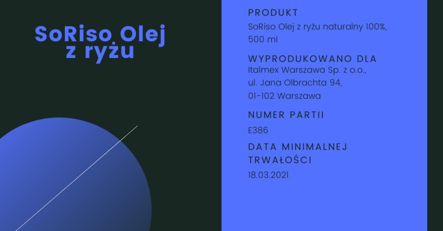 Powodem wycofania SoRiso Oleju z ryżu naturalnego 100% ze sprzedaży jest przekroczenie najwyższego dopuszczalnego poziomu estrów glicydowych (3173 ± 920 µg/kg) oraz estry 3-monochloropropanodiolu (3-MCPD) na poziomie 6227 ± 1245 µg/kg
