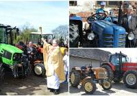 Ursusy i fergusony przed kościołem. Binarowscy rolnicy poświęcili swoje traktory