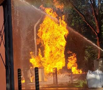 Potężny pożar gazu w Strzegomiu. Strażacy walczą z płonącymi zbiornikami