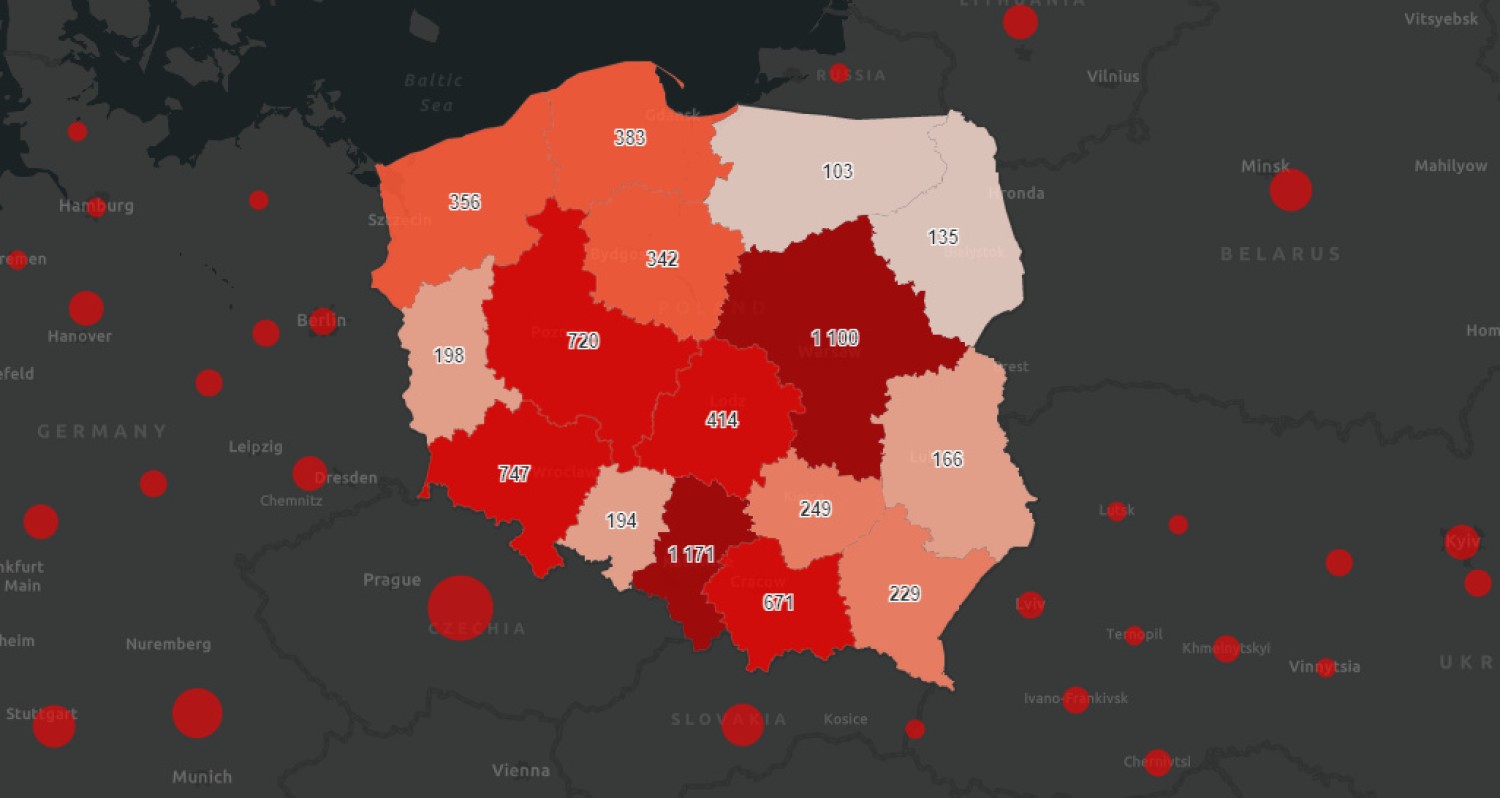 Liczba nowych zakażeń koronawirusem w Polsce w poszczególnych województwach