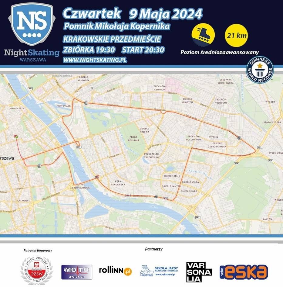 Nightskating Warszawa 2024. Drugi nocny przejazd rolkarzy po ulicach Warszawy już 9 maja