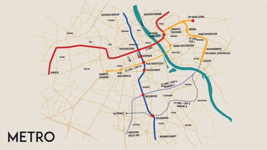 Schemat linii metra z projektowaną linią M3 bez uwzględnienia linii średnicowej przebiegającej pod ziemią