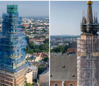 Dwie zabytkowe wieże w Krakowie zasłonięte przez rusztowania. Prace cały czas trwają