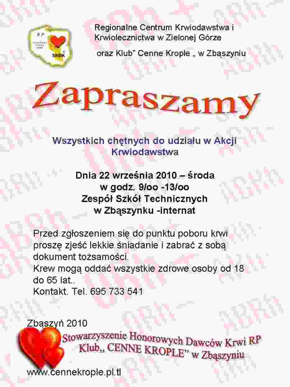Plakat informujący o mającej odbyć się akcji krwiodawstwa 22 września 2010 w Zbąszynku