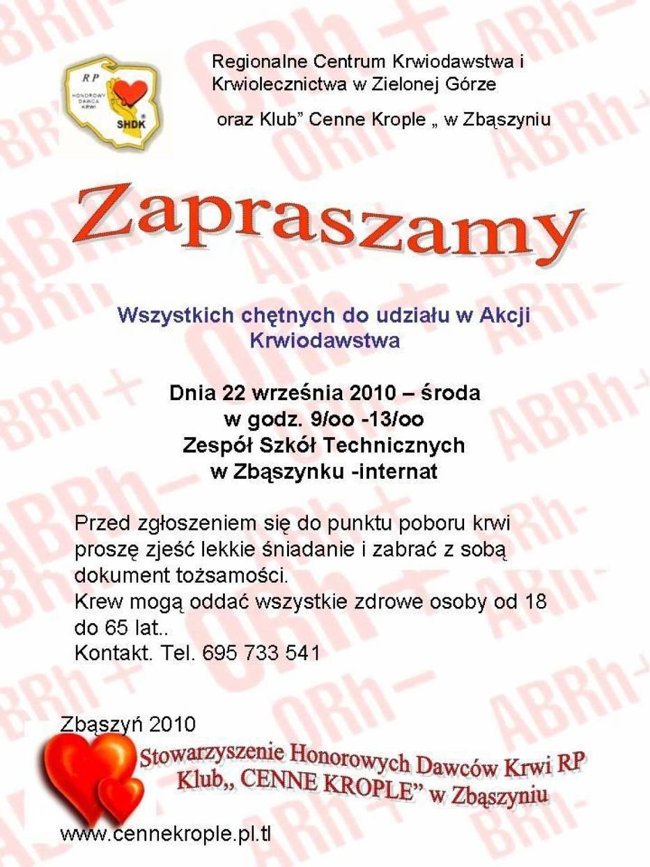 Plakat informujący o mającej odbyć się akcji krwiodawstwa 22 września 2010 w Zbąszynku