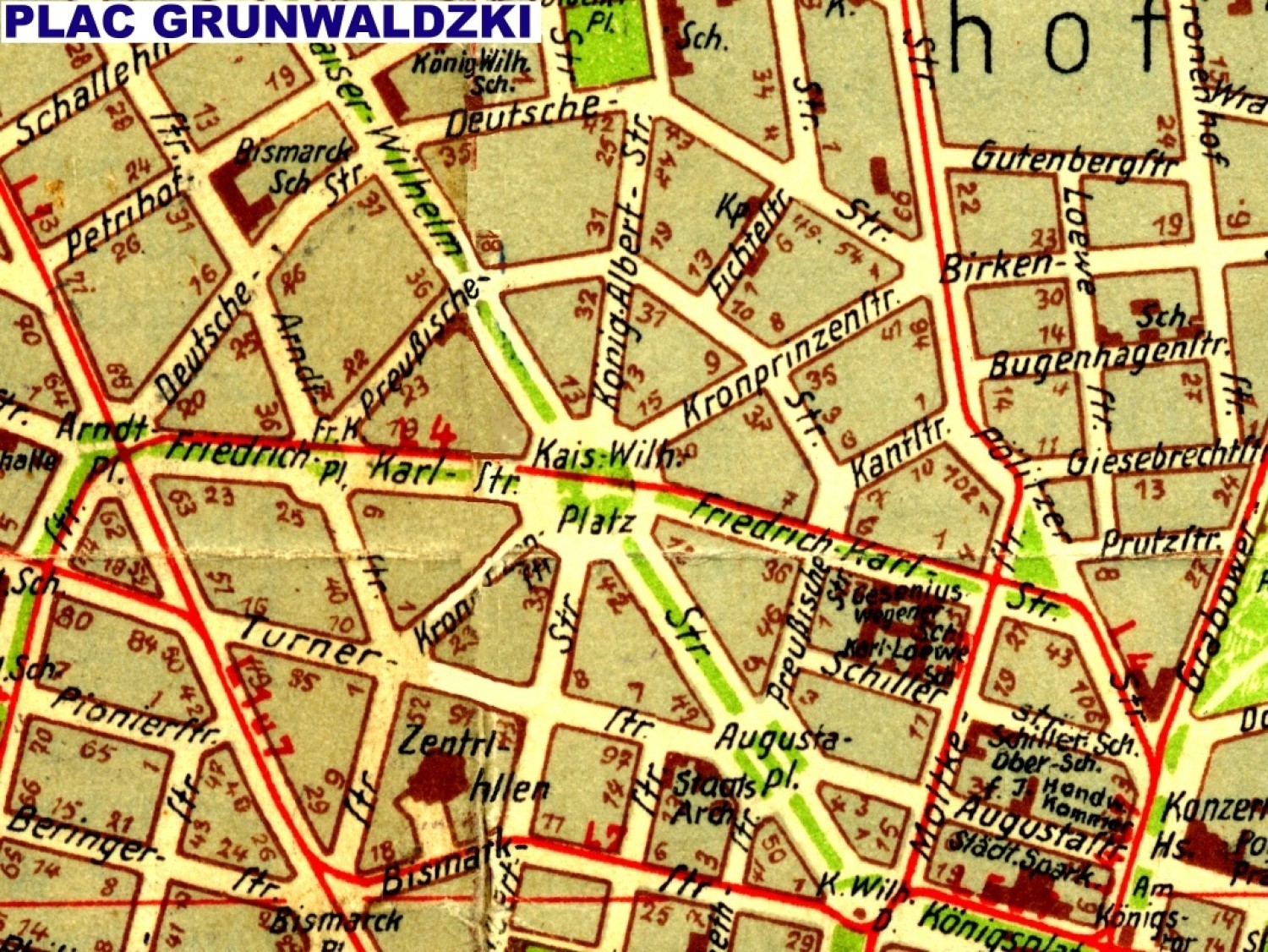 Plac Grunwaldzki (Kaiser Wilhelm platz) na planie miasta z 1938 roku
