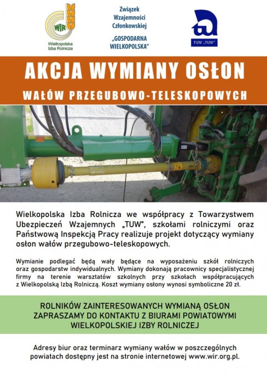 Rada Powiatowa Wielkopolskiej Izby Rolniczej w Śremie zaprasza na akcję wymiany osłon wałów przegubowo-teleskopowych