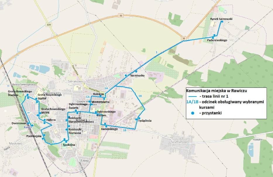 Mapa przejazdu autobusów Rawicz - Sarnowa